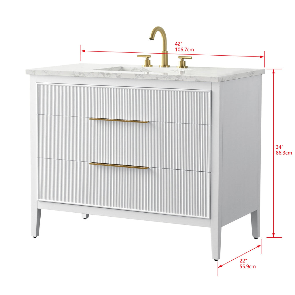 Freestanding 42-inch modern single-sink bathroom vanity in white solid wood with a stone marble-look top, fluted drawer fronts, gold bar handles and faucet, tapered legs — shown with dimensions.