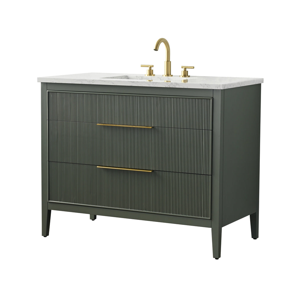 42-inch freestanding single-sink bathroom vanity in stone-colored solid wood with white stone countertop, integrated rectangular sink, ribbed drawer fronts and slim gold-tone handles and faucet.