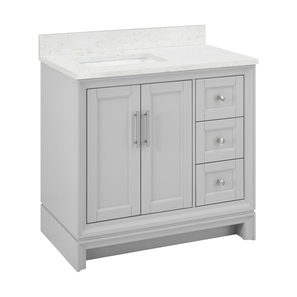 36-inch modern single-sink bathroom vanity in a stone finish with a solid wood base, white stone countertop and integrated rectangular sink, two center cabinet doors and three right-side drawers with metal hardware.