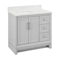 36-inch modern single-sink bathroom vanity in a stone finish with a solid wood base, white stone countertop and integrated rectangular sink, two center cabinet doors and three right-side drawers with metal hardware.