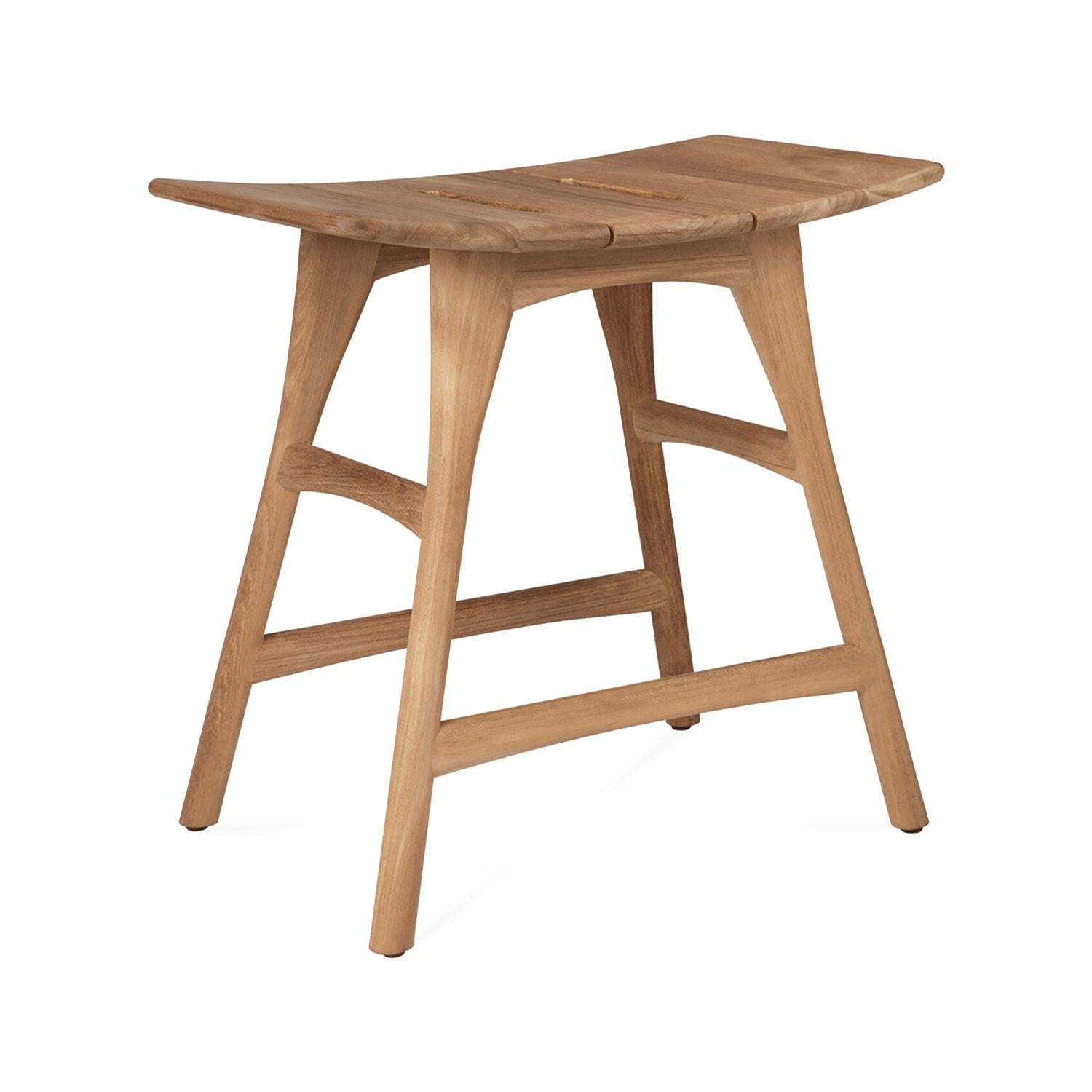 Backless teak shower stool with a gently curved slatted seat, tapered legs and horizontal stretchers in a natural teak finish shown on a white background.