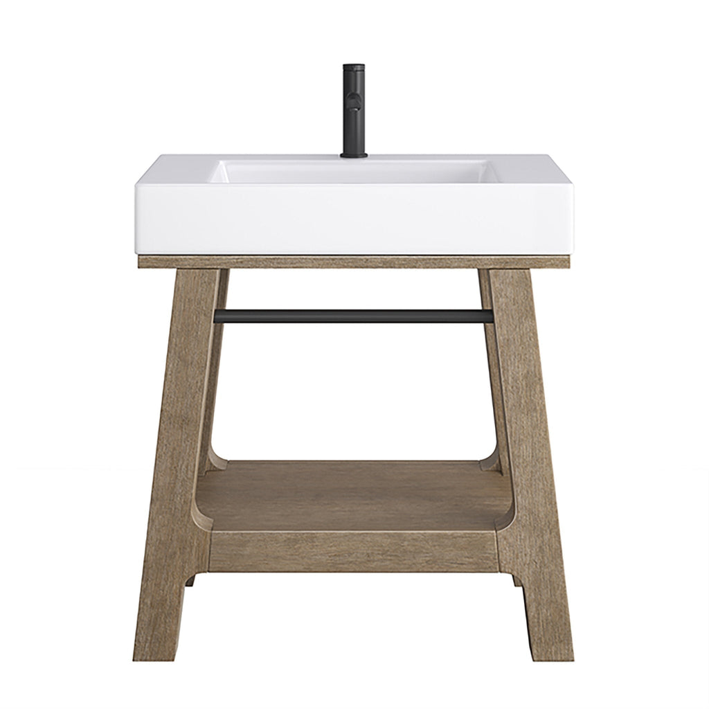 Front view of a modern single-sink bathroom vanity with a white glossy composite stone rectangular integrated sink and single-hole black faucet, set on a weathered wood open-frame base with lower shelf and black towel bar.
