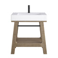 Front view of a modern single-sink bathroom vanity with a white glossy composite stone rectangular integrated sink and single-hole black faucet, set on a weathered wood open-frame base with lower shelf and black towel bar.