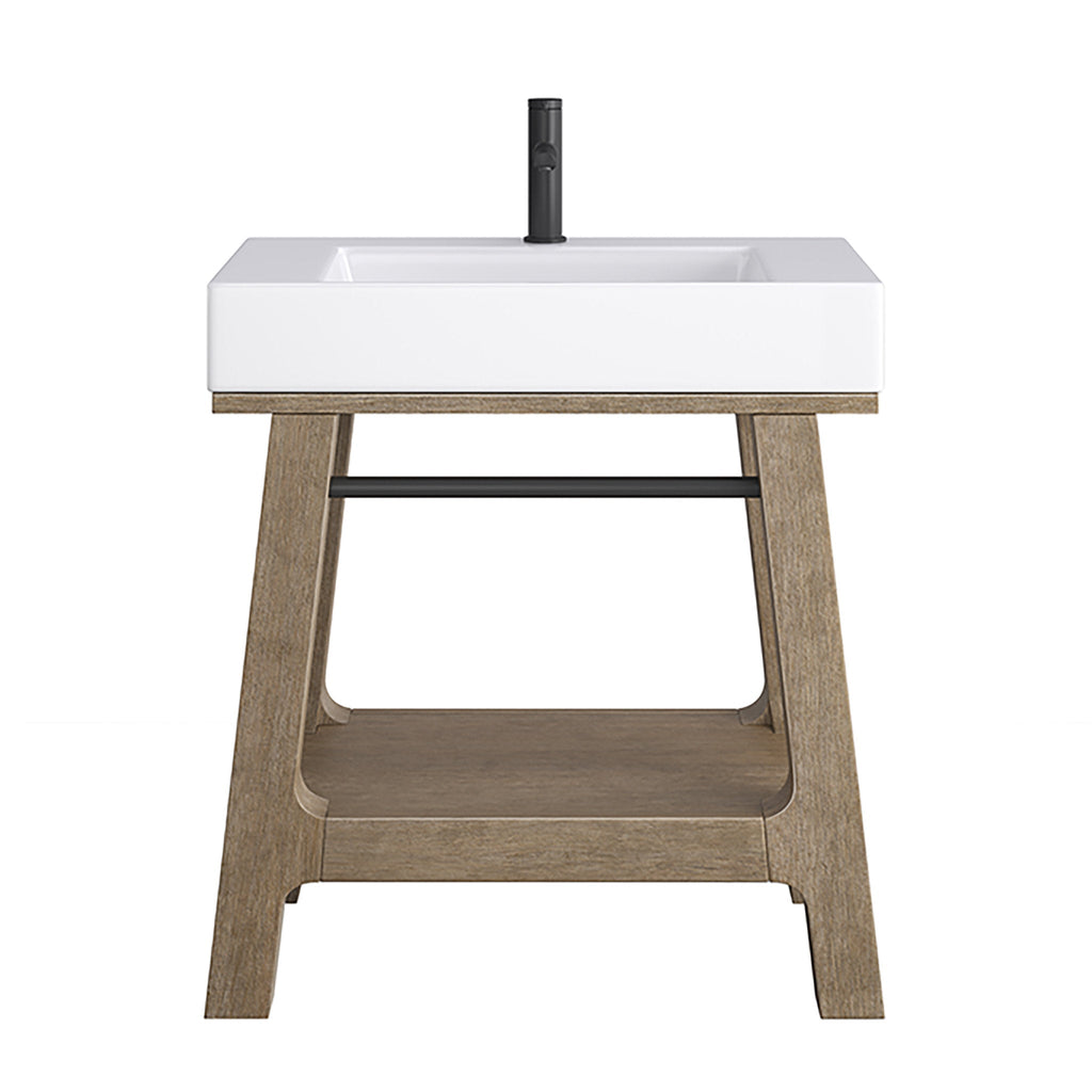 Front view of a modern single-sink bathroom vanity with a white glossy composite stone rectangular integrated sink and single-hole black faucet, set on a weathered wood open-frame base with lower shelf and black towel bar.