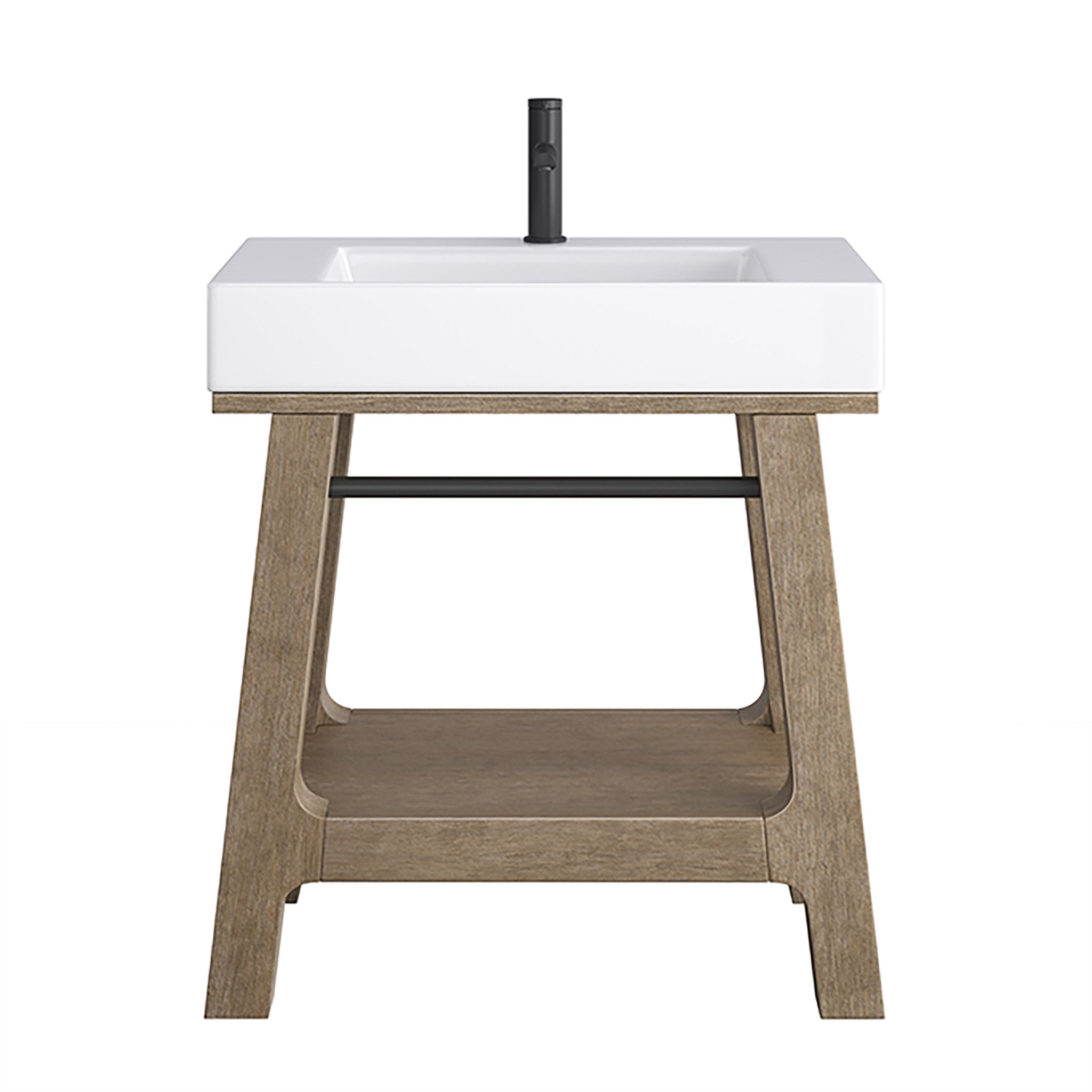Front view of a modern single-sink bathroom vanity with a white glossy composite stone rectangular integrated sink and single-hole black faucet, set on a weathered wood open-frame base with lower shelf and black towel bar.