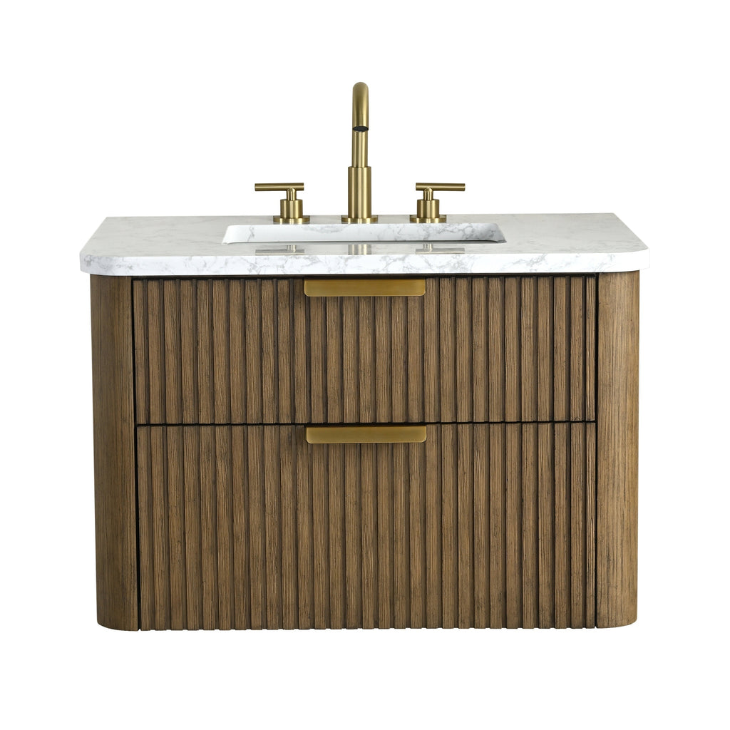 30-inch modern single-sink bathroom vanity with fluted solid wood brown cabinet, white stone countertop and integrated rectangular sink, two soft-close drawers with brass pulls and matching brass faucet.