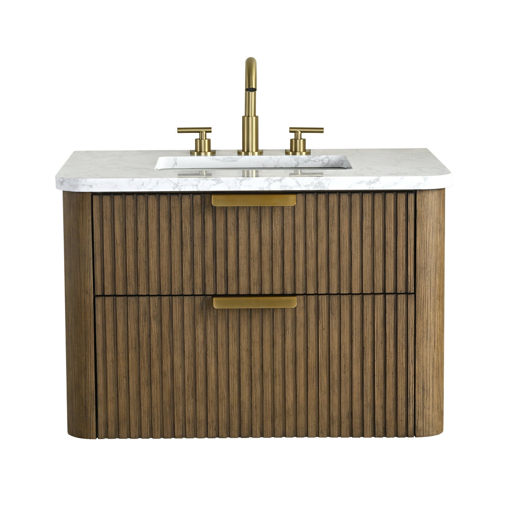 30-inch modern single-sink bathroom vanity with fluted solid wood brown cabinet, white stone countertop and integrated rectangular sink, two soft-close drawers with brass pulls and matching brass faucet.