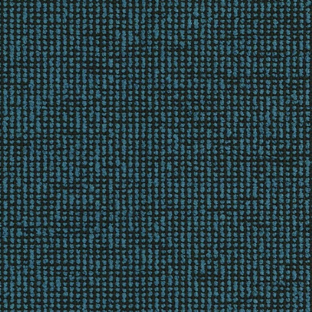 Close-up of teal and black woven upholstery fabric showing a small raised dot texture and tight weave; durable 100% polyester suitable for sofas.