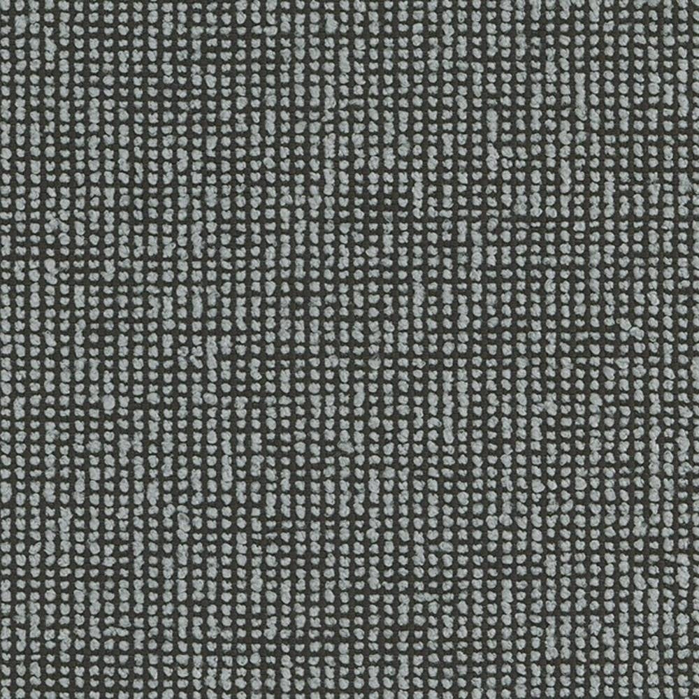 Close-up of 100% polyester upholstery fabric showing a dense grid of small beige-gray looped dots on a dark charcoal ground, a textured heavy-duty weave suitable for sofas and indoor furniture.
