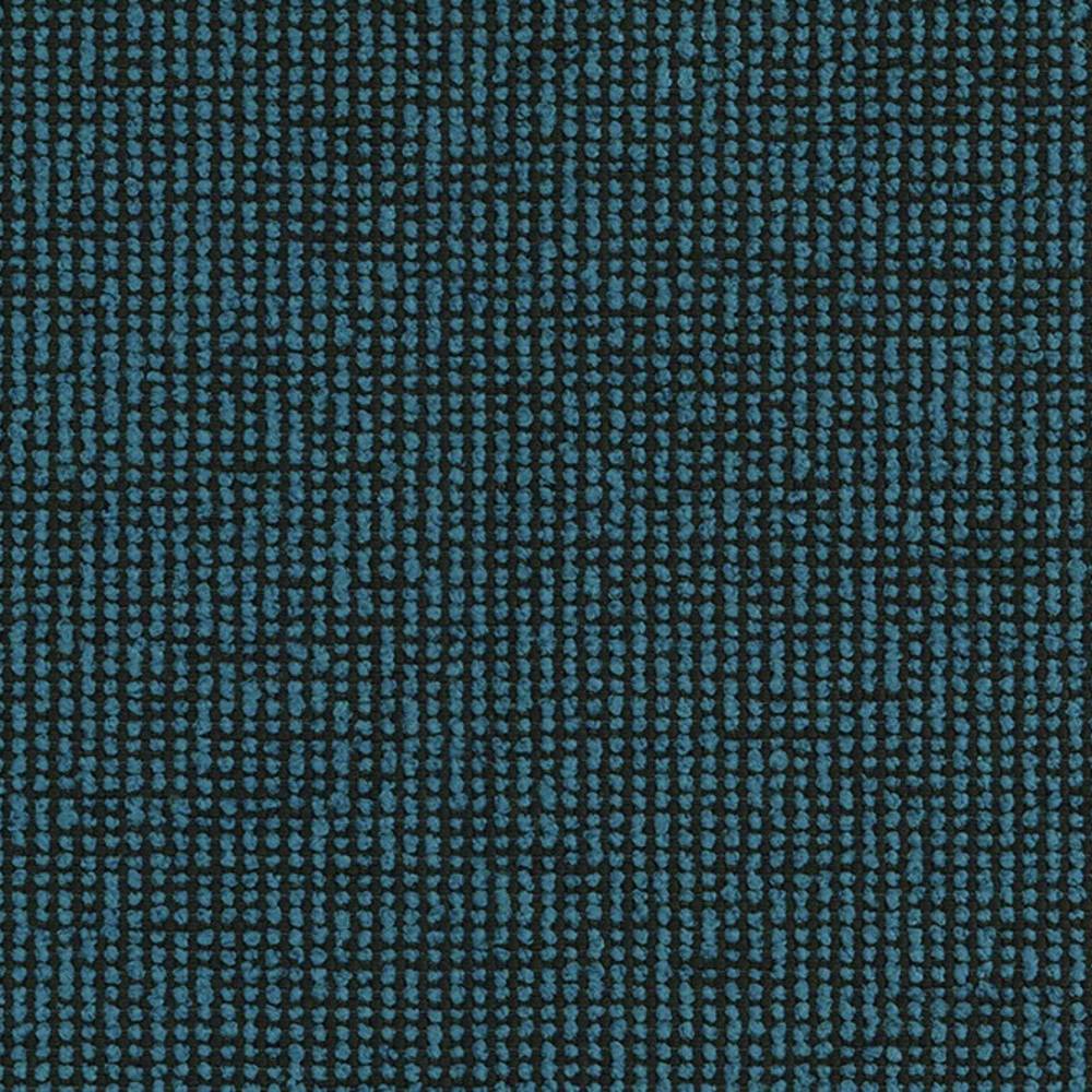 Close-up of teal and black woven upholstery fabric showing a small raised dot texture and tight weave; durable 100% polyester suitable for sofas.