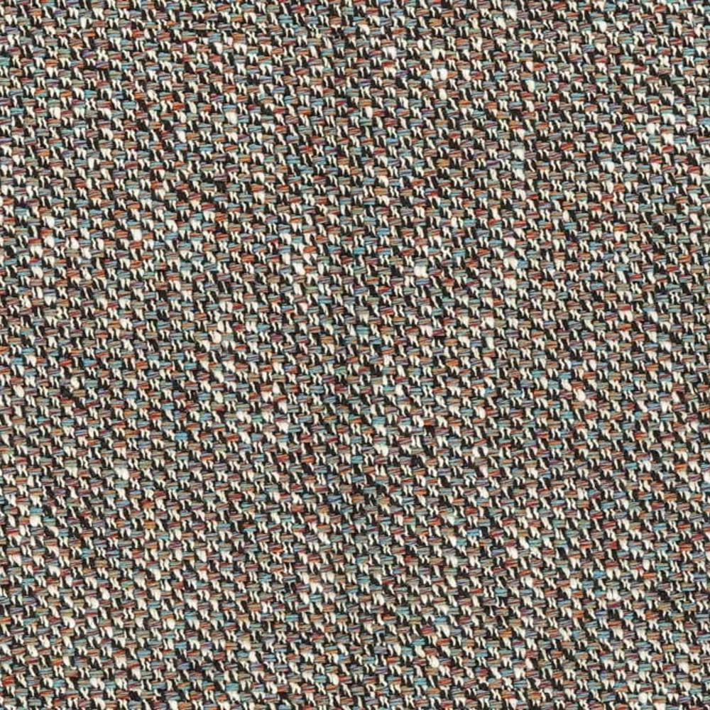 Close-up of beige multicolored woven upholstery fabric (25% cotton, 75% polyester) showing a tight textured weave with blue, rust and cream yarns, suitable for indoor sofa upholstery.