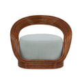 Front-facing mid-century modern lounge chair with a rounded brown cane rattan arched frame and a pale green fabric upholstered seat cushion on a white background.