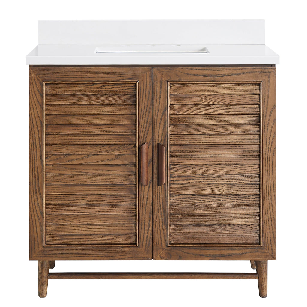 Front view of a 36-inch walnut bathroom vanity with horizontal slatted double doors, slim vertical wood handles, tapered legs, and a pure white quartz countertop with rectangular undermount sink and short backsplash.