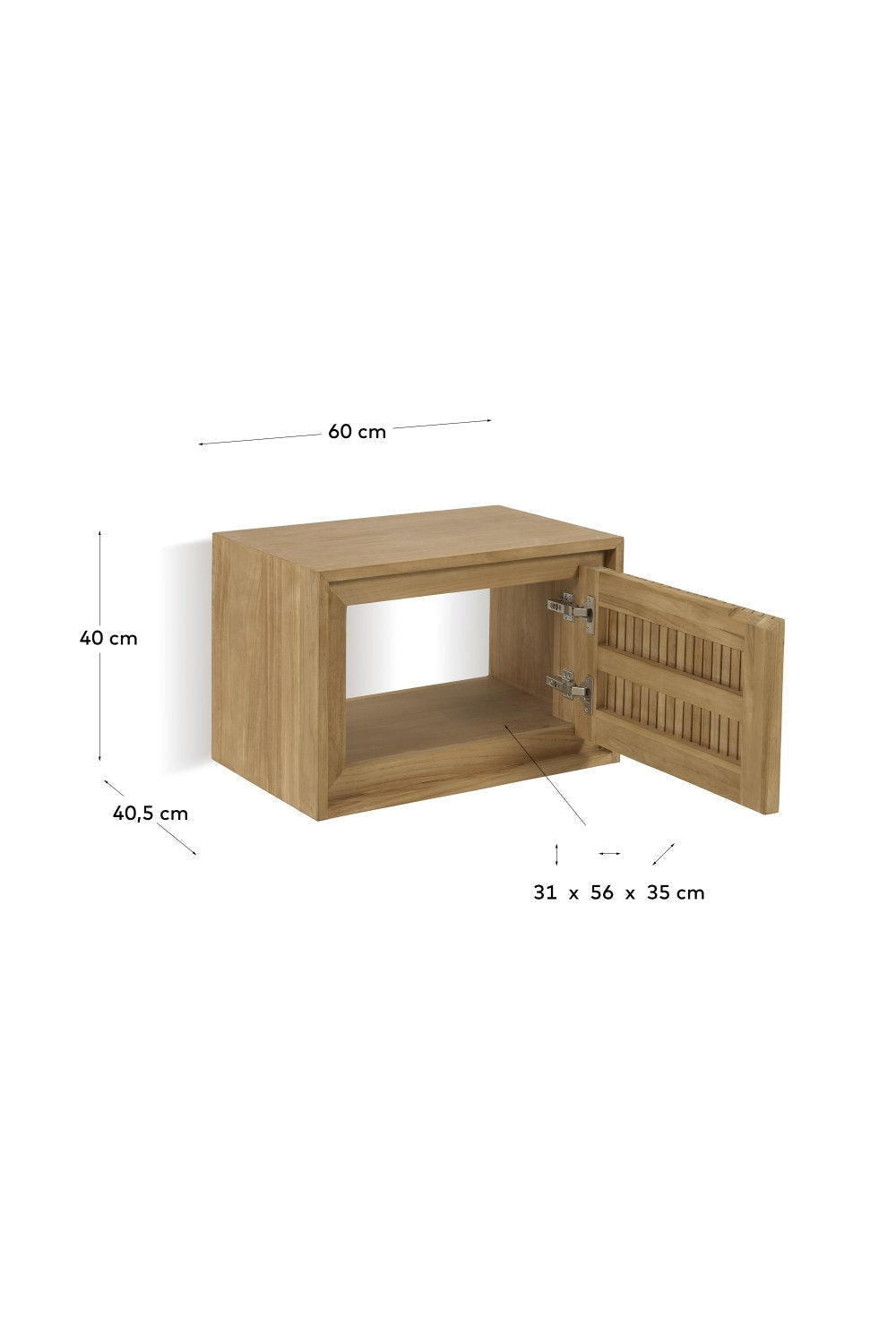 Solid natural wood 24-inch (60 cm) bathroom vanity in a stone-toned finish with a single slatted door open to reveal an interior shelf and visible metal hinges, with dimension markers overlaid.