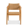 Front view of a natural teak outdoor dining chair with woven rope seat and back, tapered legs and wooden armrests in a coastal mid-century modern style.