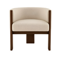 Front view of a modern ivory boucle-upholstered barrel dining chair with a curved low back and walnut wood frame and tapered legs.
