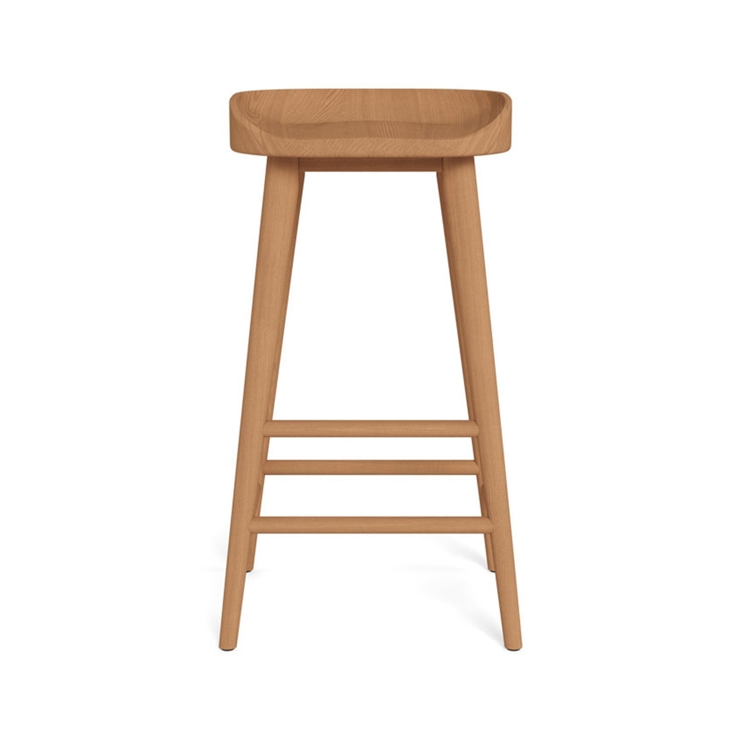Front view of a backless solid teak outdoor bar stool with a gently contoured natural teak seat, tapered legs and three horizontal stretchers, finished for coastal patio or outdoor bar seating.