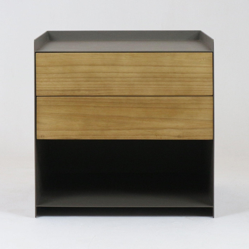 Minimalist two-drawer nightstand with natural solid wood drawer fronts set in a matte gray brushed-steel frame, featuring a recessed top edge and an open lower shelf for extra storage.