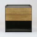 Minimalist two-drawer nightstand with natural solid wood drawer fronts set in a matte gray brushed-steel frame, featuring a recessed top edge and an open lower shelf for extra storage.
