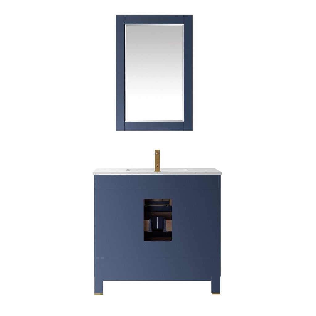 Modern 36" solid wood single-sink bathroom vanity in navy blue with a white stone countertop, rectangular mirror above and a gold faucet; freestanding cabinet with center service access showing plumbing.