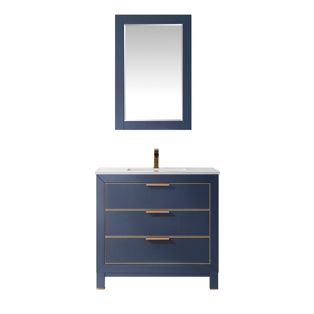 36-inch modern solid wood vanity with white stone top and integrated ceramic sink, navy-blue three-drawer cabinet with gold/brass handles and matching rectangular mirror.