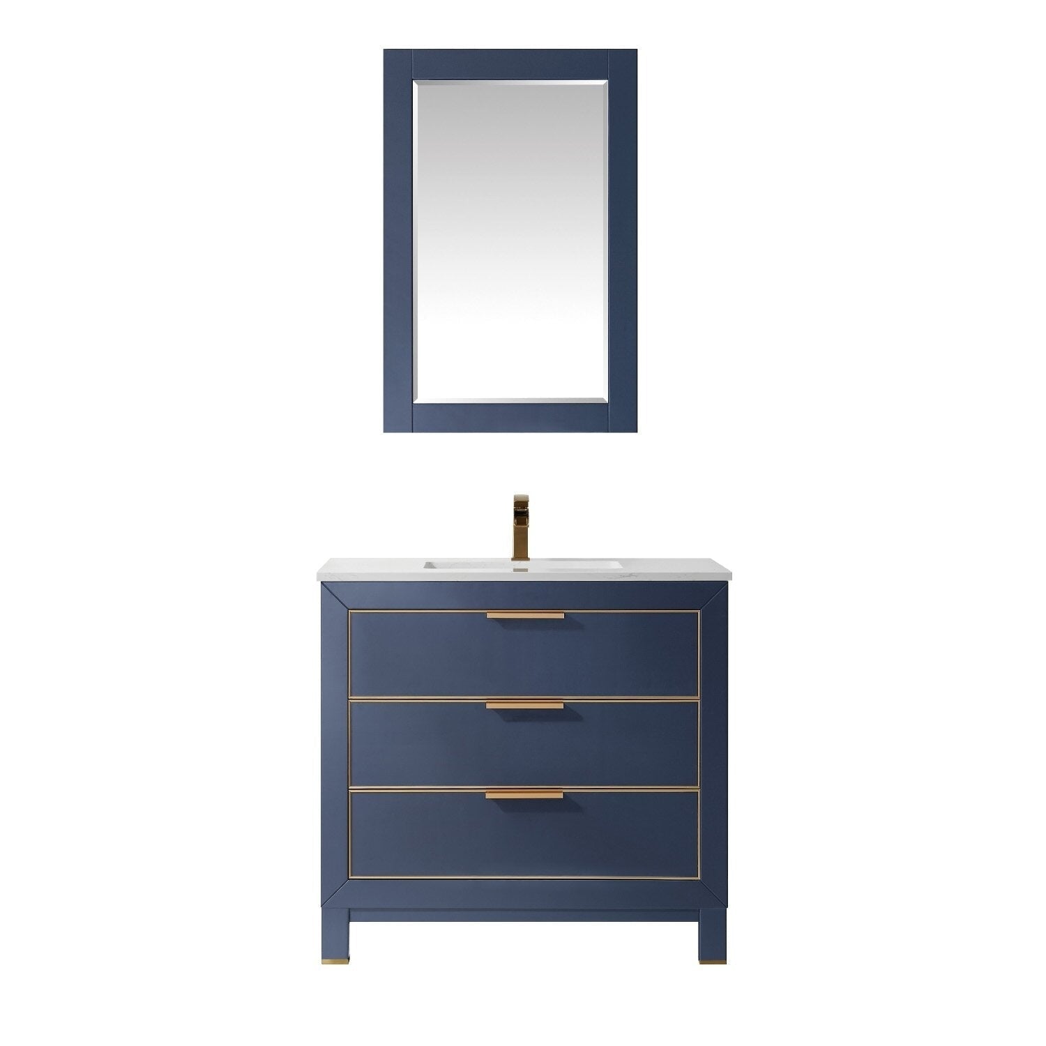 36-inch modern solid wood vanity with white stone top and integrated ceramic sink, navy-blue three-drawer cabinet with gold/brass handles and matching rectangular mirror.