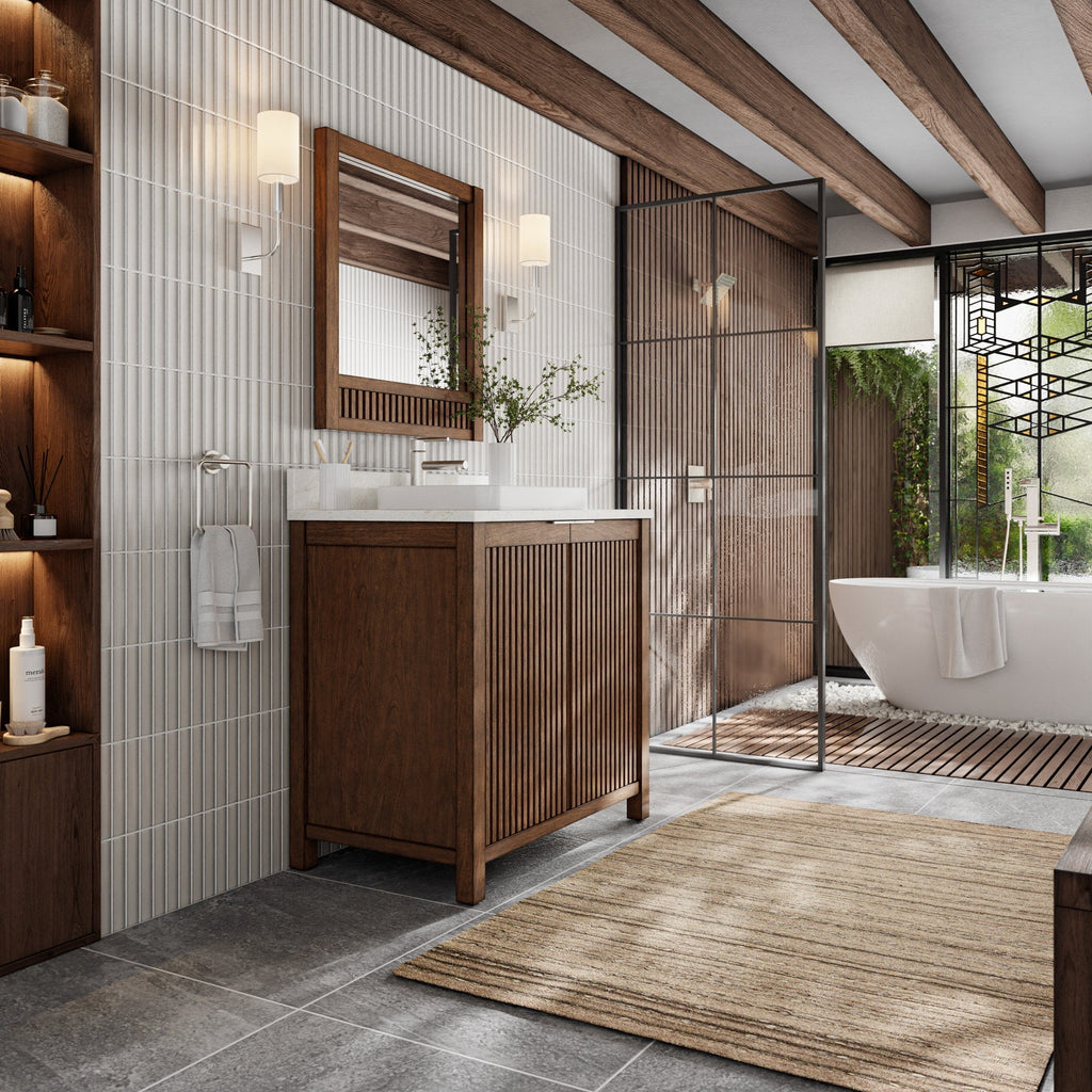 36-inch fluted solid wood single-sink bathroom vanity with stone countertop and vessel sink, framed wood mirror and wall sconces in a modern bathroom with exposed wood beams, glass shower partition and freestanding tub.