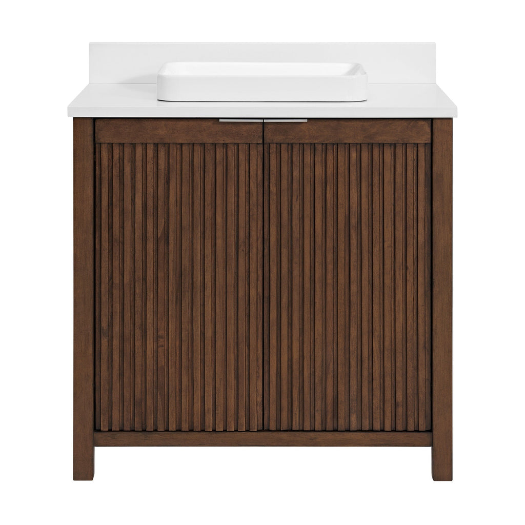 Front view of a modern freestanding solid wood bathroom vanity with vertical fluted brown doors, a stone top with integrated backsplash, and a white rectangular vessel sink with a slim metal handle.