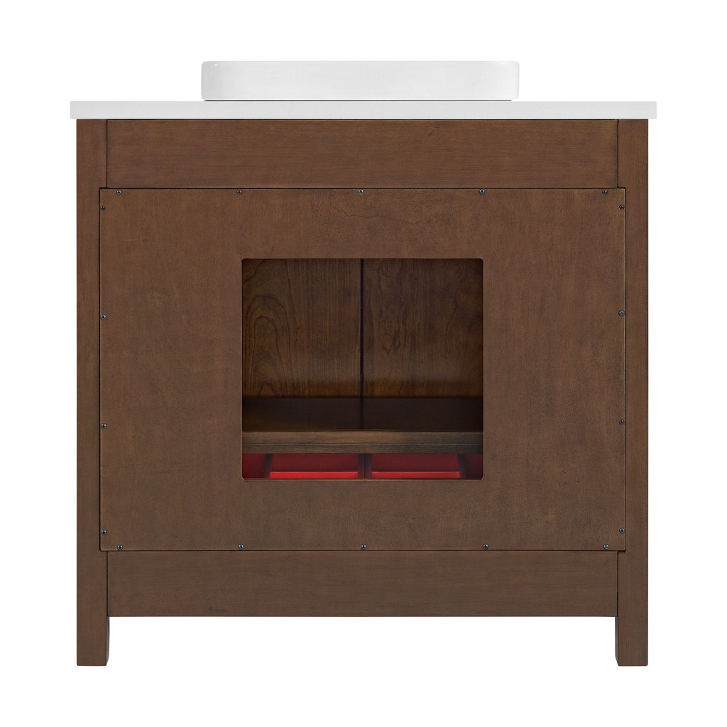 Front view of a modern solid wood bathroom vanity in warm brown with a white stone countertop and round white ceramic vessel sink, featuring a square central open shelf and visible metal fastener details.