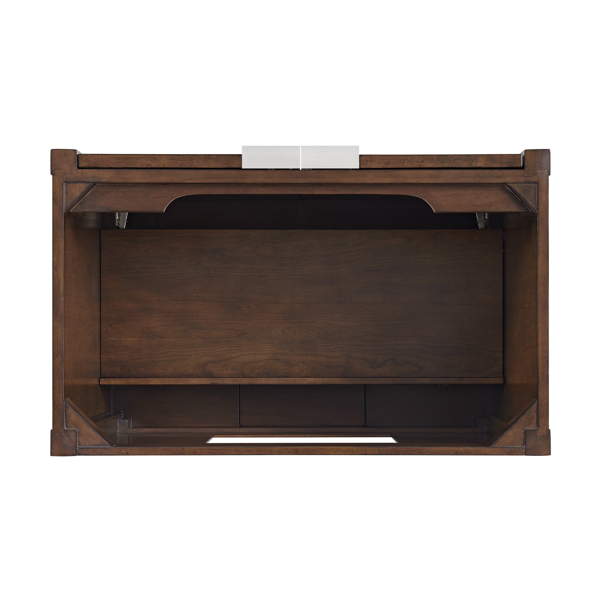 Open front view of a solid wood bathroom vanity interior in rich brown finish showing a recessed center panel, shelf ledge and bottom plumbing access cutout for a 36-inch single-sink installation.
