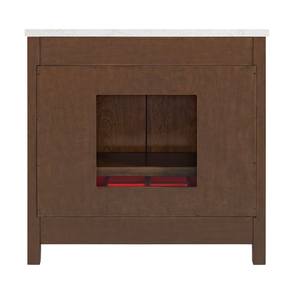 Front view of a 36-inch single-sink bathroom vanity in brown solid wood with a white stone countertop, square central opening revealing an internal shelf, visible panel screws and clean modern lines.