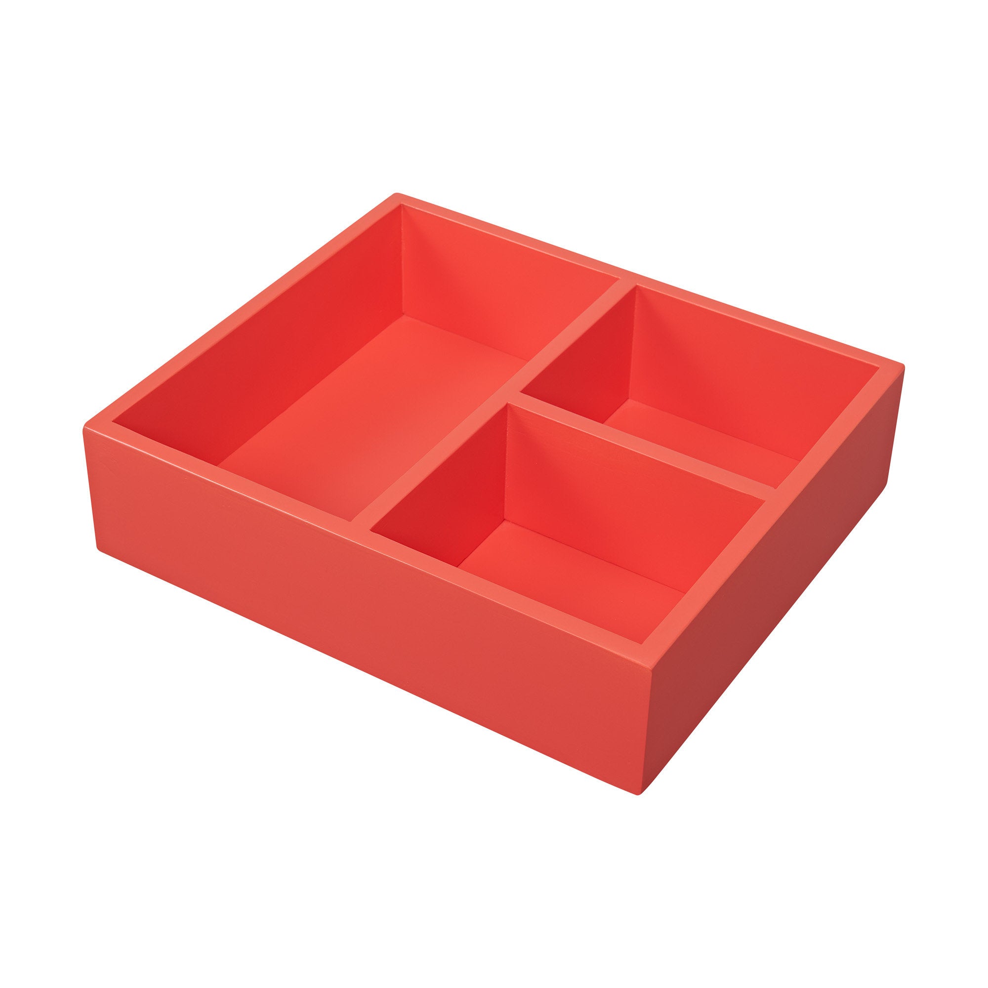 Solid wood vanity organizer tray in stone finish with three recessed compartments, rectangular freestanding design for modern single-sink bathroom vanities.