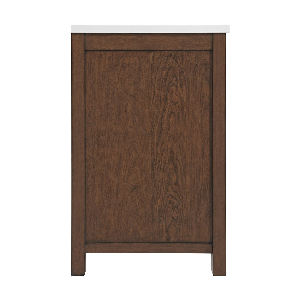 Front view of a modern freestanding bathroom vanity end panel in solid natural wood with a warm brown finish and a white stone top, showing a flat recessed panel and square legs.