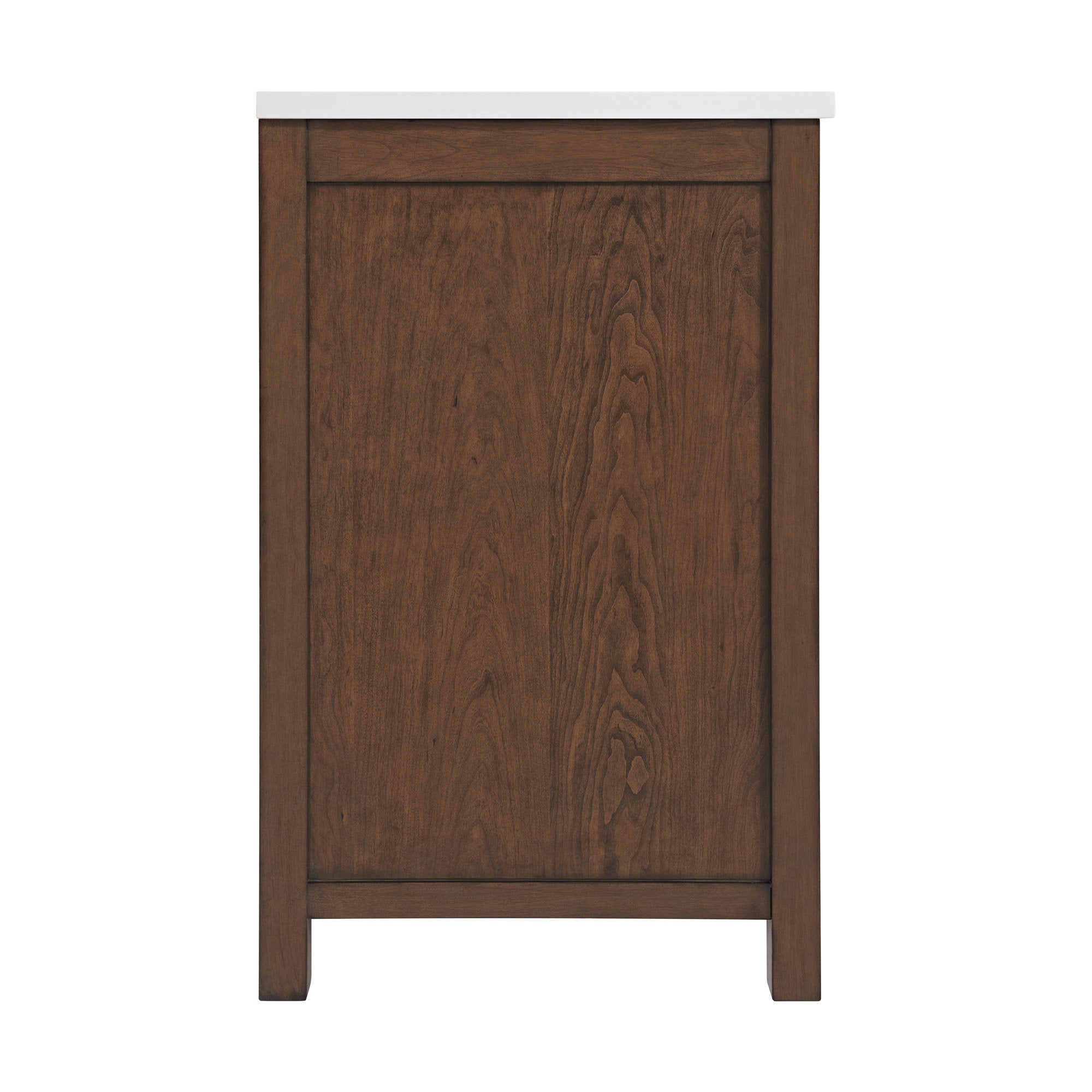 Front view of a modern freestanding bathroom vanity end panel in solid natural wood with a warm brown finish and a white stone top, showing a flat recessed panel and square legs.