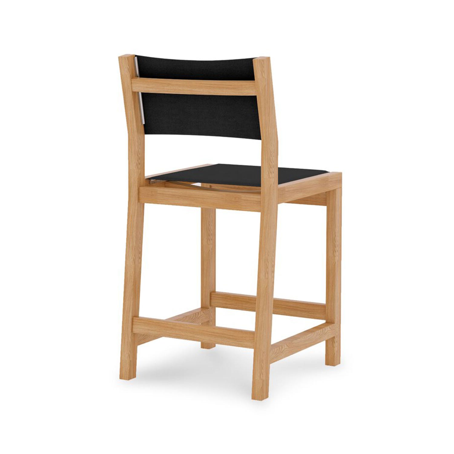 Rear three-quarter view of an armless outdoor bar stool with a solid teak frame and black fabric seat and back, featuring square legs and an integrated footrest in a contemporary coastal style.