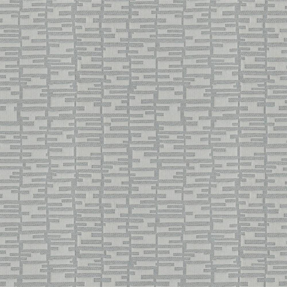 Close-up of light gray contemporary 100% polyester upholstery fabric showing a subtle textured geometric grid of short horizontal and vertical rectangular marks, ideal for sofas and curtains.