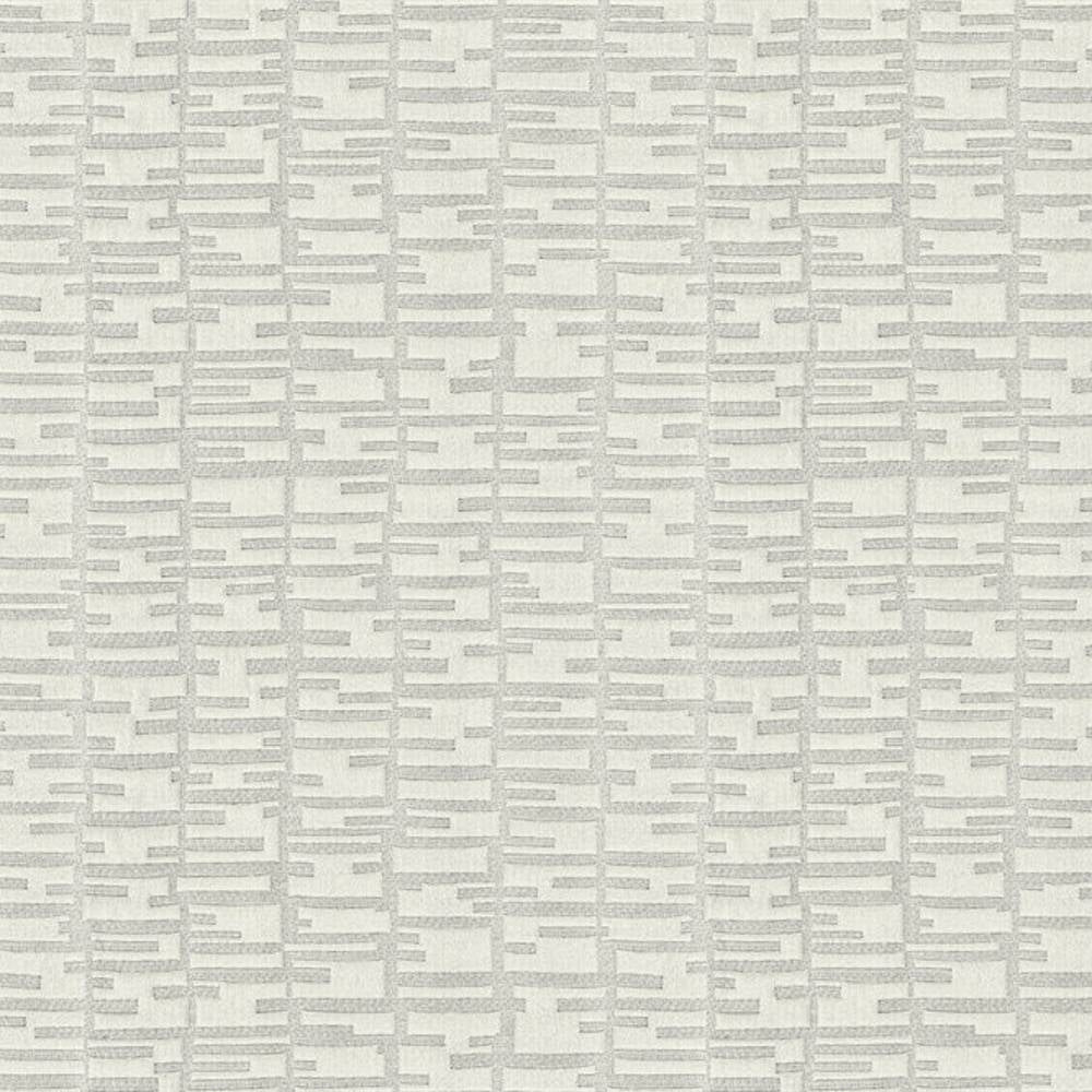 Close-up of contemporary 100% polyester upholstery fabric in light gray on a neutral off-white background, showing a subtle stacked-bar geometric pattern and textured weave ideal for sofas and curtains.