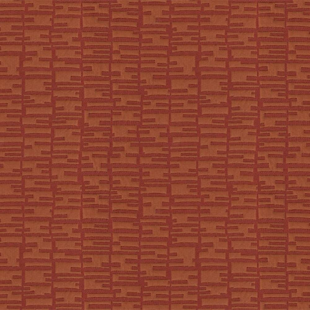 Close-up of contemporary 100% polyester upholstery fabric in a rust terracotta color, showing a textured geometric grid of uneven horizontal strokes ideal for sofas and curtains.