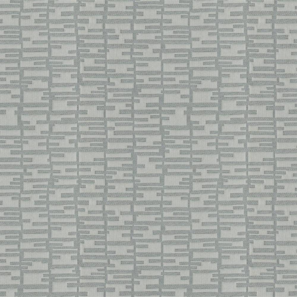 Close-up of light gray 100% polyester upholstery fabric featuring a contemporary geometric pattern of stacked rectangular dashes in a subtle textured weave, ideal for sofas and curtains.