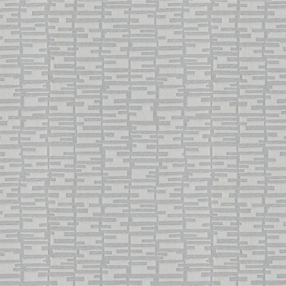 Close-up of contemporary 100% polyester light gray upholstery fabric showing an abstract geometric grid of narrow horizontal and vertical rectangular lines on a slightly lighter background, ideal for sofas and curtains.