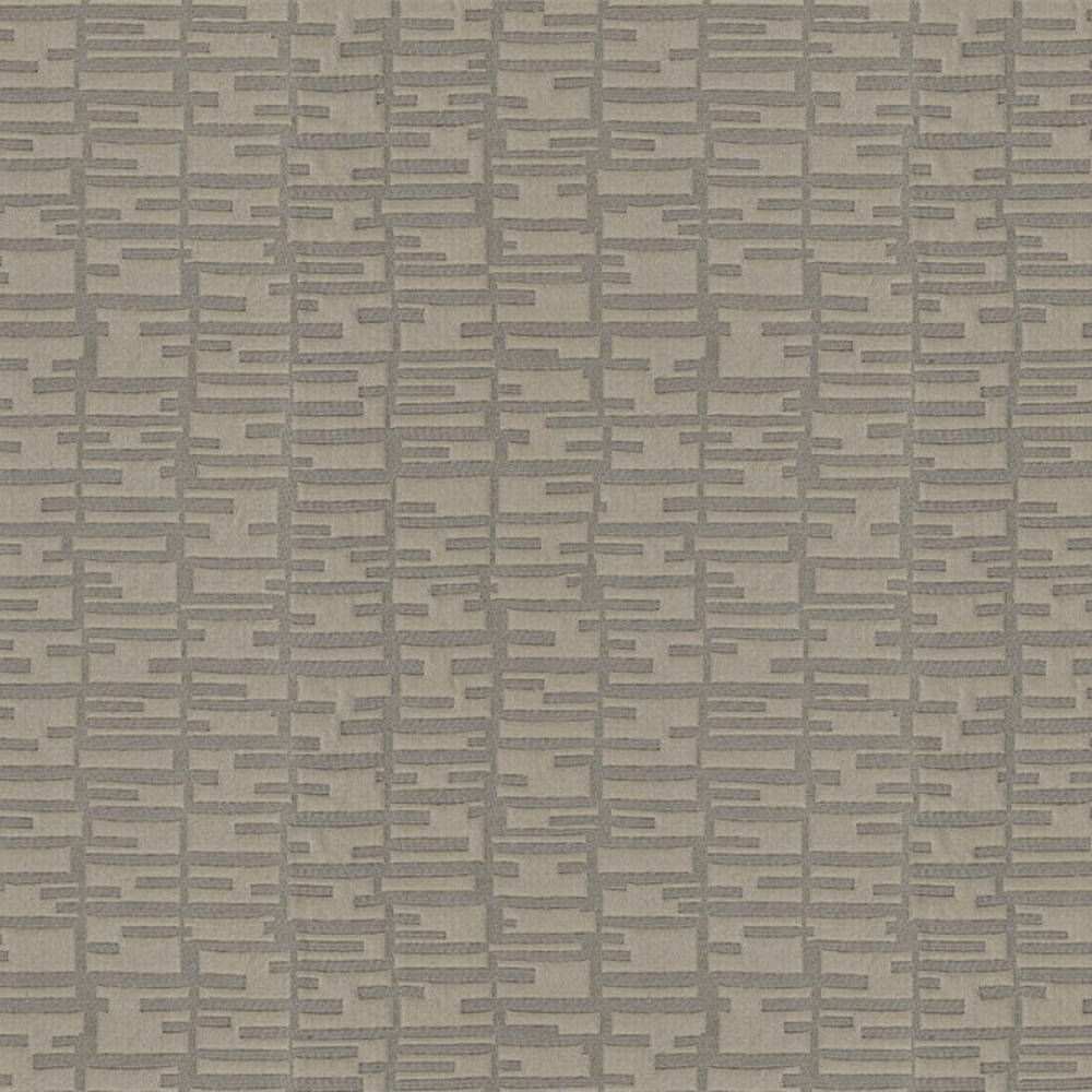 Close-up of a neutral gray contemporary upholstery fabric in 100% polyester, showing a subtle raised grid pattern of short horizontal rectangular dashes on a matte background, ideal for sofas and curtains.