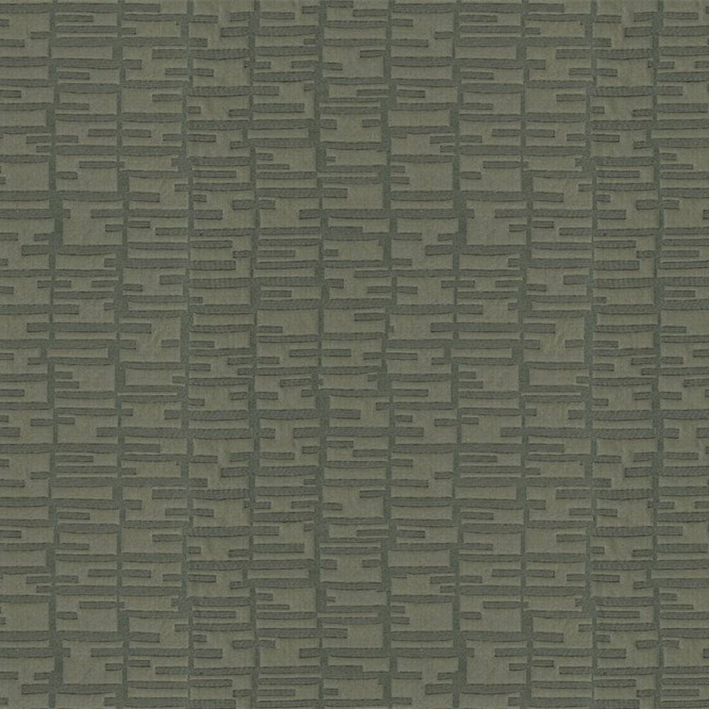 Close-up of 100% polyester olive-gray upholstery fabric with a contemporary raised linear grid pattern of short horizontal and vertical bars on a textured background, ideal for sofas or curtains.