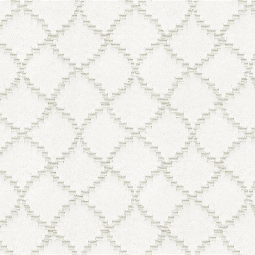Close-up of natural off-white upholstery fabric showing a raised trellis diamond pattern and subtle woven texture; 55% cotton 45% polyester blend suited for contemporary sofas.
