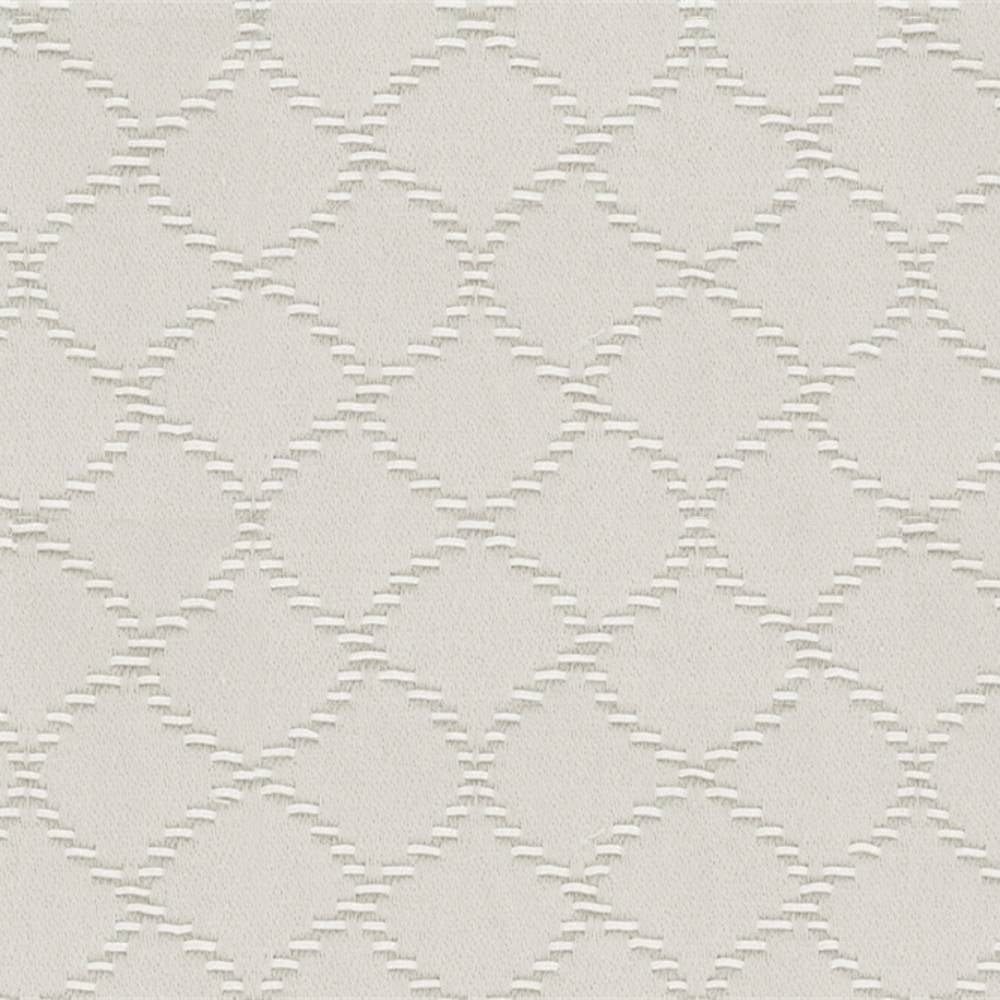 Close-up of natural neutral upholstery fabric (55% cotton, 45% polyester) showing a tonal trellis pattern with raised embroidered stitch texture and a 1.75 by 2 inch pattern repeat.