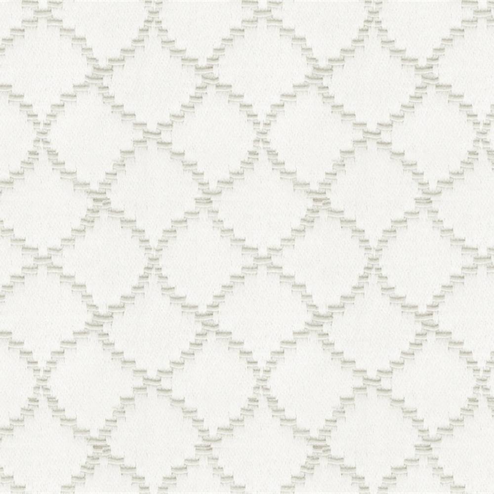 Close-up of natural off-white upholstery fabric showing a raised trellis diamond pattern and subtle woven texture; 55% cotton 45% polyester blend suited for contemporary sofas.