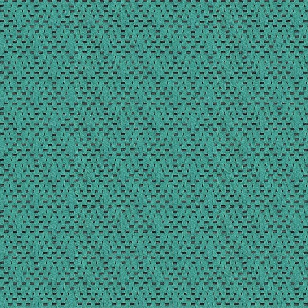 Close-up of teal woven upholstery fabric for sofas, 30% cotton 70% polyester, showing a textured basket-weave with small rectangular black accent openings in a repeating pattern.