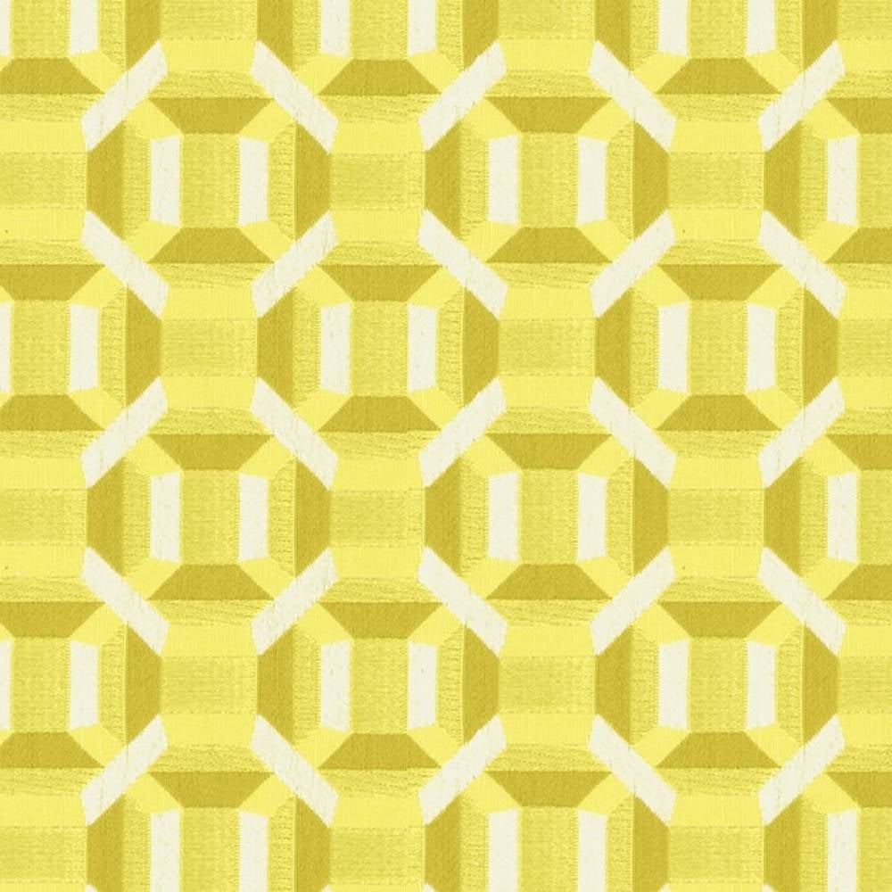 Close-up of bright yellow geometric upholstery fabric in 100% polyester, showing a repeating octagonal-and-square jacquard pattern ideal for contemporary sofas and indoor upholstery.