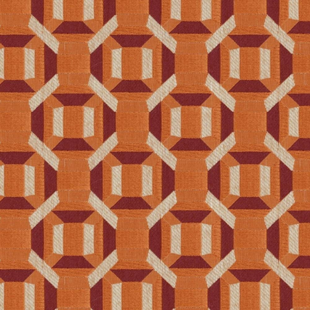 Close-up of a 100% polyester upholstery fabric swatch with a repeating geometric pattern in burnt orange, burgundy and cream textured accents, styled for contemporary sofa applications.