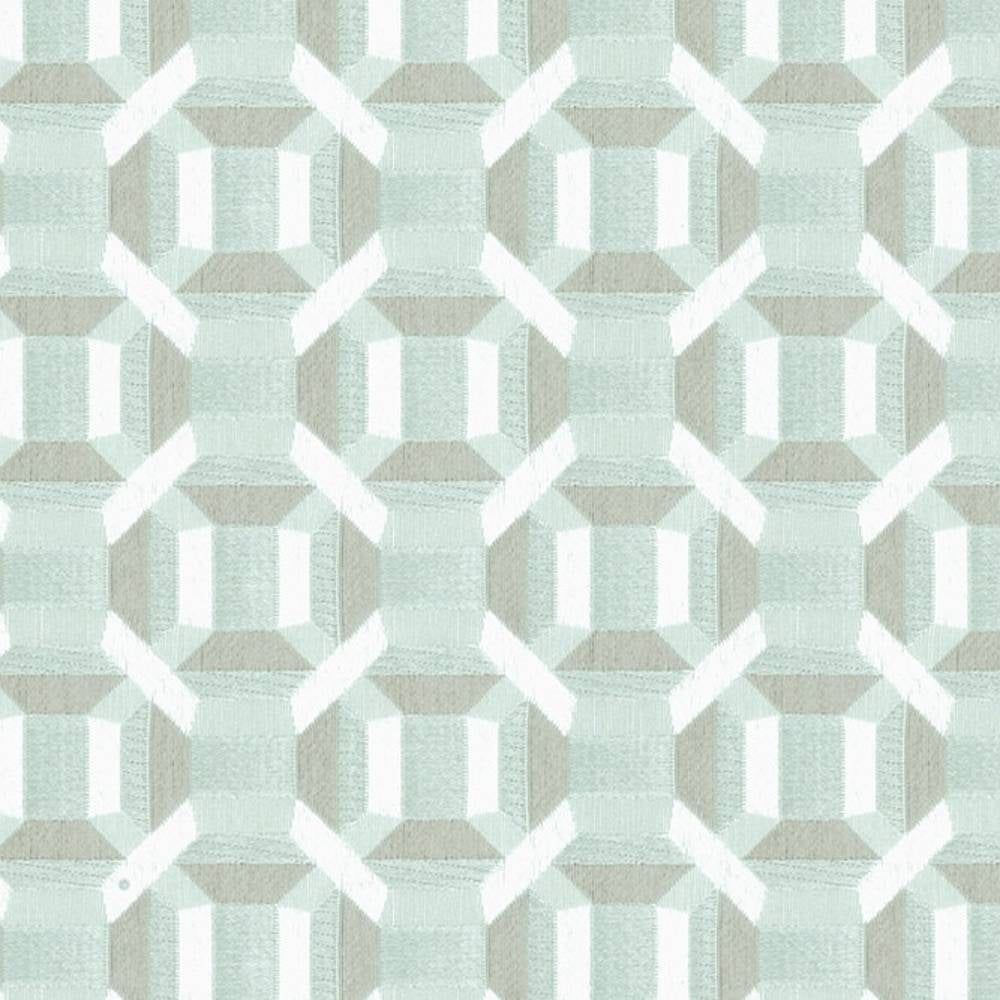 Close-up of 100% polyester upholstery fabric in soft mint, beige and white with a repeating geometric octagon-and-square motif, contemporary modern style for sofas.
