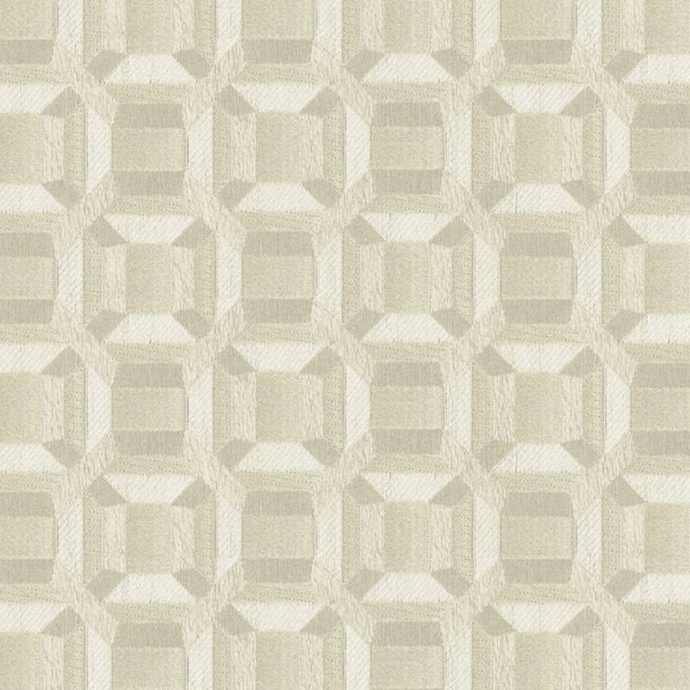 Close-up of beige and cream geometric upholstery fabric in 100% polyester, showing an interlocking octagon grid and subtle textured jacquard weave, designed for contemporary and modern sofas.